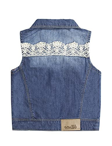 KIDSCOOL SPACE Girl Denim Vest, Round Collared Lace Sleeveless Jeans Tops2