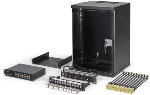 DIGITUS 10 Zoll Netzwerk-Set – 9HE – Unmontiert – SOHO PRO – Schwarz | Netzwerkschrank – Fachboden – Steckdosenleiste – 16-Port Switch – 12-Port Patchpanel – 12 Keystone Module – 2