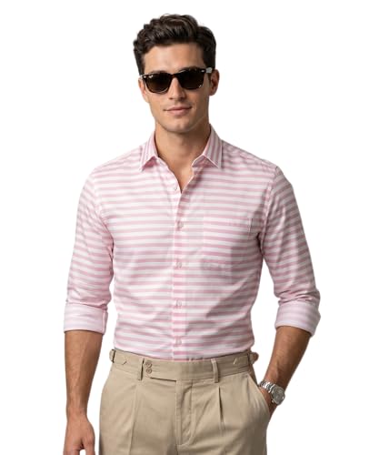 Image of IndoPrimo Men's Striped Casual Shirt | Premium Cotton Formal Shirt for Man | Slim Fit Full Sleeve Strip with Pocket | Office, Business & Smart Casual Wear
