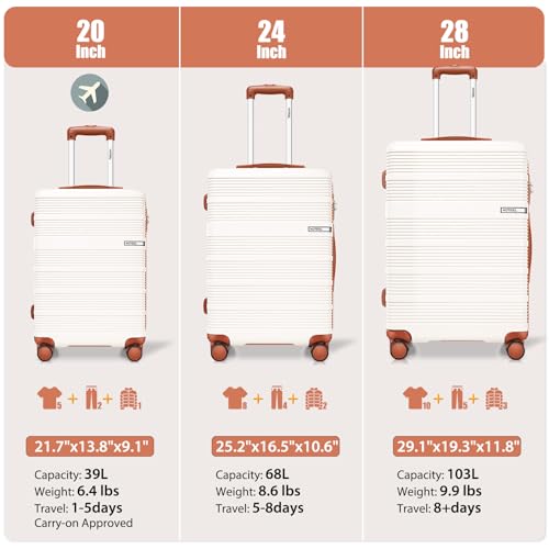 Hoteel Luggage Sets 3 Piece Suitcases With Wheels，20" Carry On Luggage With TSA Lock, ABS+PC Durable Lightweight Hard Shell Luggage Sets For Travel，Business Trip, Large Suitcase 20 24 28 Inch, Beige3