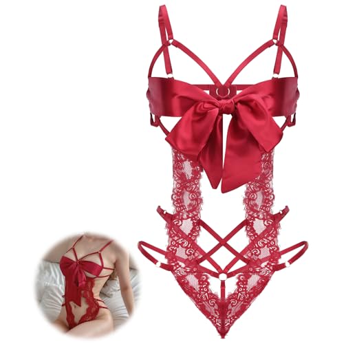 Telooco Dessous-Sets für Damen: Sexy Unterwäsche Frauen Set Spitzen Bodysuit Schleifenausschnitt Design Sexy Einteiler Unterwäsche Set für Frauen Karneval Outfit (Rot)