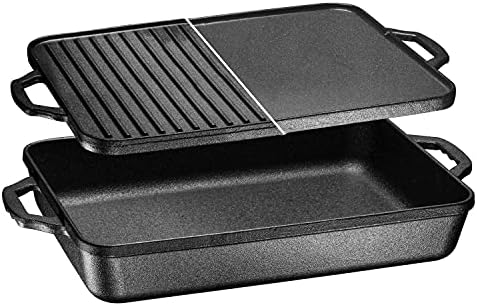 3-In-1 Pre-Seasoned Cast Iron Rectangle Pan With With Reversible Grill Griddle Lid Multi Cooker Deep Roasting Grill Pan, Non-Stick Open Fire Camping, Use As Dutch Oven, Frying Pan or Roasting pan