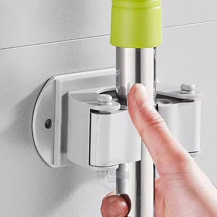 Image of STAR WORK Heavy-Duty Space Aluminum Wall Mop & Broom Holder, Waterproof Organizer with Dual Non-Slip Grips and Utility Hooks, No-Drill Adhesive Mount for Kitchen, Bathroom.(1 MOP HOLDER 2 HOOKS)