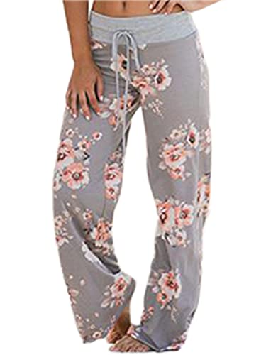 Famulily Women's American Flag Floral Drawstring High Waist Wide Leg Pants (X-Large, Grey)