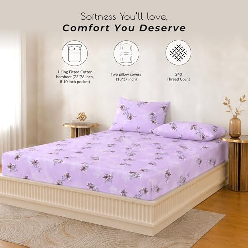 Image of King Size Elastic Fitted Bedsheet, 100% Pure Cotton King Size Fitted Bedsheet for Double Bed with 2 Pillow Covers, 240 TC, 72x78 Inches up to 8-inch Mattress, Floral (Velvet Bloom)