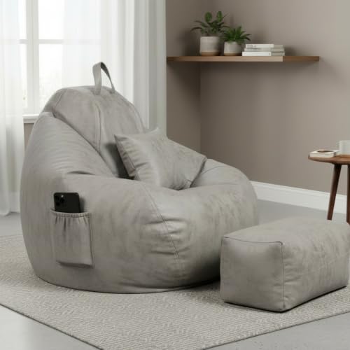 Image of KAM'S LIEU 4XL Suede Bean Bag Chair with Footrest & Cushion | Filled with High Density Polystyrene Beans | Premium Soft Fabric | Teardrop Design with Handle | Ready to Use Color- (Grey, Bean Bag)