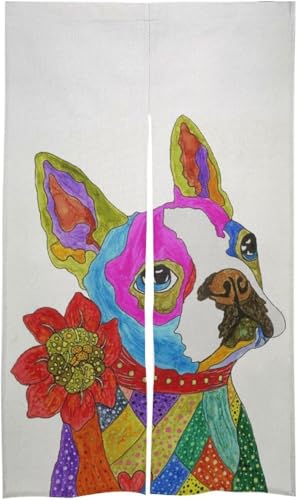 のれん 暖簾 間仕切り ボストンテリア 花と犬 油絵 ドアカーテン 目隠し 玄関カーテン 断熱防寒 部屋仕切り 壁掛け 四季兼用 簡単取り付け プライバシー保護 遮光 リビングルーム 飲食店 出入り口 洗面所 86 X 143cm
