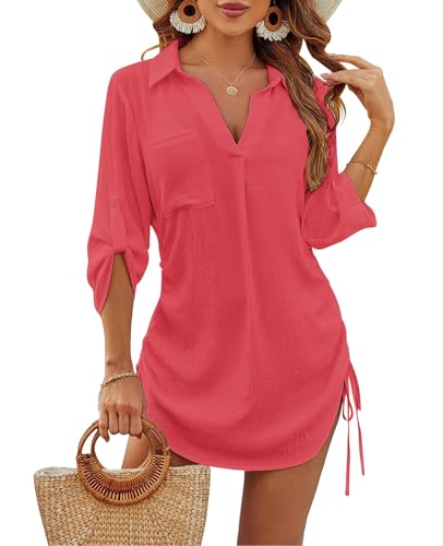 JFAN Vestido de Playa para Mujer Camisas Largos Cuello en V de Bikini Cover up Color Sólido Chic con Verano Casual Blusa de Playa con Boton,Magenta Talla única
