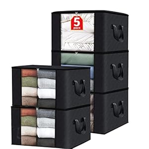 Lot de 5 Grand Sac de Rangement sous lit 90L, Déménagement pliable Vestes organisateurs avec Poignée Renforcée, pour Couettes Vêtements Couvertures Oreillers et Jouets, Noir