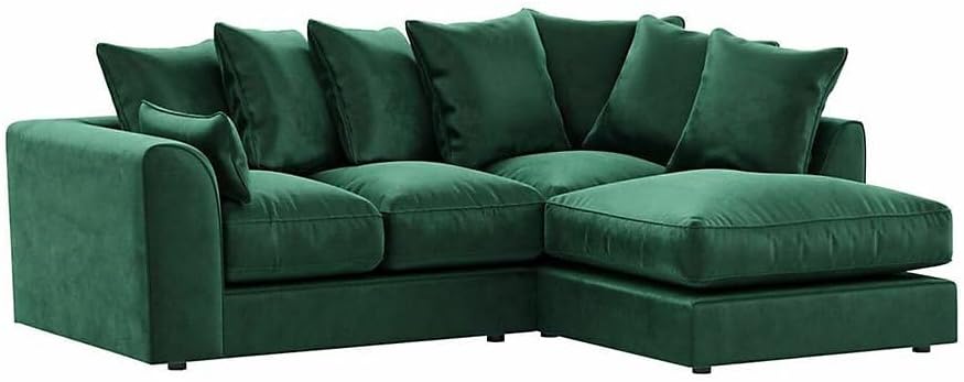 Corner Sofas, Sectional L Shaped Settee, Plush Velvet 3 & 2 Seaters, Modular Left Right Scatter Back Facing Settees, Green Swivel Cuddle Chair for Living Room (Right Hand L Shape)