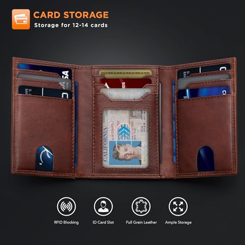 Image of SERMAN BRANDS Trifold Wallet for Men - RFID Blocking Full Grain Leather, 11 Card Slots & ID Window, Slim Everyday Carry, Durable Stitching, Gift for Him