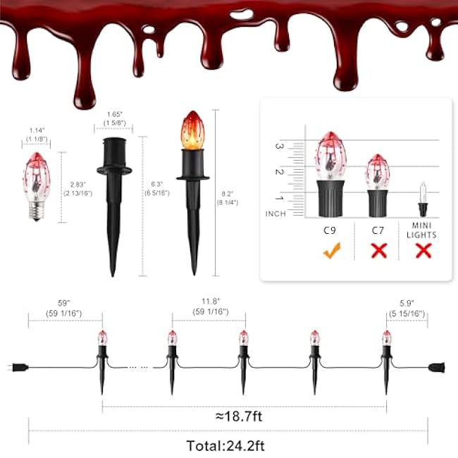 Halloween Decorations - 24.2FT Flickering Flame String Lights with Stakes, C9 Halloween Pathway Lights, 20 Flicker Flame Walkway Light Waterproof for Outdoor Lawn Yard Party