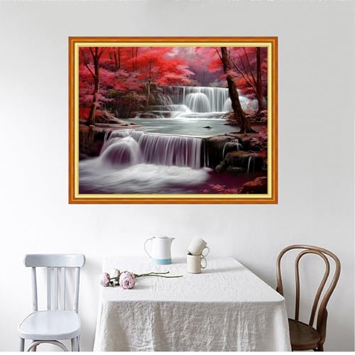 Image of Foxhool Beginners Cross Stitch Kits Stamped Full Range of Embroidery Kits for Adults DIY Cross Stitches kit Embroidery Patterns for Needlepoint kit-Waterfall Scenery 16x20 inch
