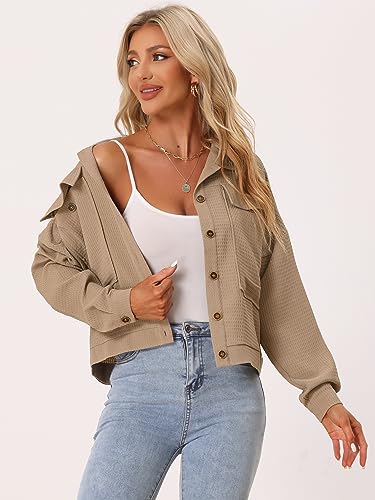 Allegra K Women's Waffle Shacket Jacket Drop Shoulder Pockets Collared Shirt Jackets2