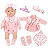 Babypuppenkleidung für 12-18 Zoll Babypuppen, 5 Stück Puppenkleidung 43cm Kleine Rosa Daisies Stricken Kombinationskleidung Kopfschmuck Socken Kleiderständer New Born Baby für Geburtstagsgeschenk