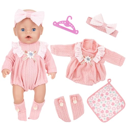 Image of 5Pcs Baby Doll Clothes for 14-18inch Doll 30-45cm Baby Doll, Pink Daisy Knitted Bodysuit Lace ruffles with Headwear Socks Hanger Square Scarf for Kids Friends Girls Birthday Sweet Cartoon Doll Clothes