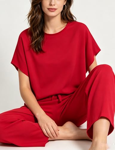 Image of Bozanly 2 Piece Sets for Women Short Sleeve Tops and Capris Loose Matching Pajama Sets Sweatsuits