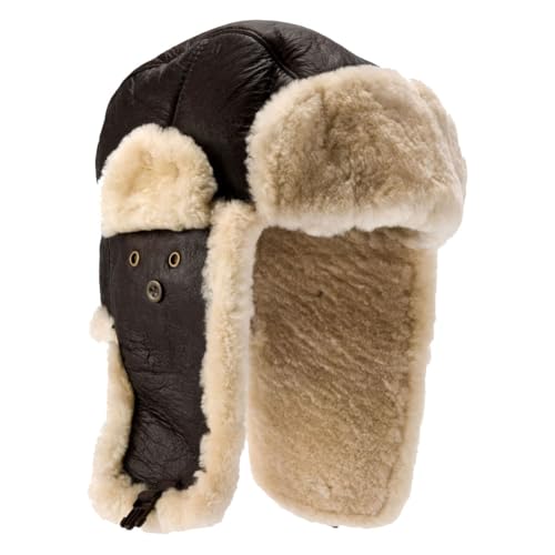 Image of Lambland Men's Luxury Leather & Sheepskin Flying Bomber Hat (as8, Alpha, m, l) Brown