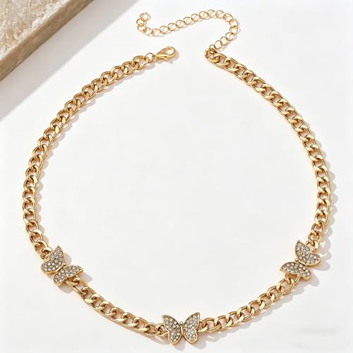Zurlcdye Chunky Gold Butterfly Necklace Rhinestone Butterfly Chain Necklace Statement Cuban Link Trendy Gold Jewelry Gifts by Zurlcdye - Used condition - Image 5