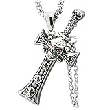 Piedra: Circonio Cúbico COOLSTEELANDBEYOND Hombre Acero Inoxidable Cadena Espada Vaina Espada Cráneo Cruz Colgante Collar con 60CM Cadena de Trigo