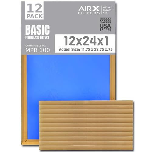 12x24x1 Air Filter Comparable to MPR 100 Basic Economy Furnace Filters, 12 Pack of Non Pleated Fiberglass Filter For Dust - Low Airflow Restriction! From AIRX FILTERS WICKED CLEAN AIR.