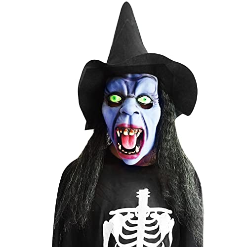 Halloween Old Woman Witch Mask With Hair and Hat, Full Head Wizard Horror Latex Mask With Hoodie