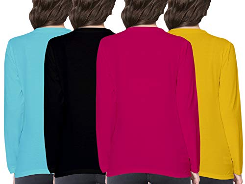 Image of Pooplu Women's Regular Fit Premium Combo V Neck Full Sleeves Pack of 4 Cotton Plain Light Blue, Black, Dark Pink, Yellow t-Shirts. Casual, Stylish, Pootlu Plain Tshirts