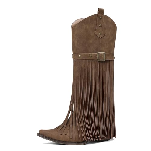Image of Cowgirl Boots for Women Retro Pointed Toe Pull On Block Chunky Heel Embroide Tassel Country Concert Outfits Mid Calf Western Fringe Cowboy Boots