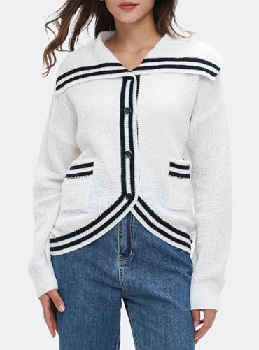 Ladyful Stripped Cardigan for Women Lapel Button Down Open Front Sweater Long Sleeve Knit Outerwear2