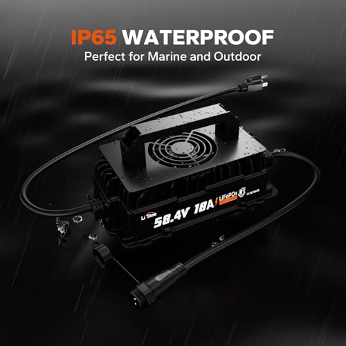 Image of LiTime 48V (58.4V) 18A Lithium Battery Charger for 48V (51.2V) LiFePO4 Battery, IP65 Waterproof, AC-DC Smart Charger for Golf cart, Electric Outboard, Boat and Home
