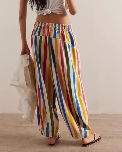Kedera Women Rainbow Stripe Barrel Pants Casual Wide Leg Baggy Pants Mid Waist Boyfriend Y2k Trousers2