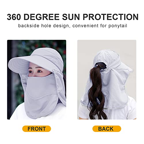 Image of Women Wide Brim Face Mask Sun Hat Detachable Neck Face Flap Ponytail UV Protection Visor Hat Garden Fishing Hiking