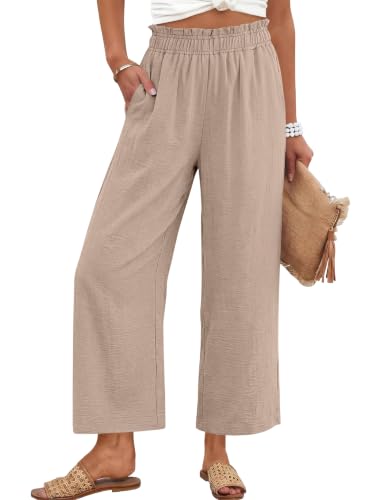 Image of ANRABESS Womens Wide Leg Cropped Palazzo Pants | Lightweight Breathable Elastic High Waisted Pants, Beach Vacation Flowy, Lounge & Casual Summer Trousers with Pockets