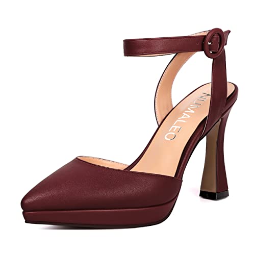NUMALEO Womens Buckle Ankle Wrap Solid Sexy Matte Dating Pointed Toe Spool High Heel Pumps Shoes 4 Inch