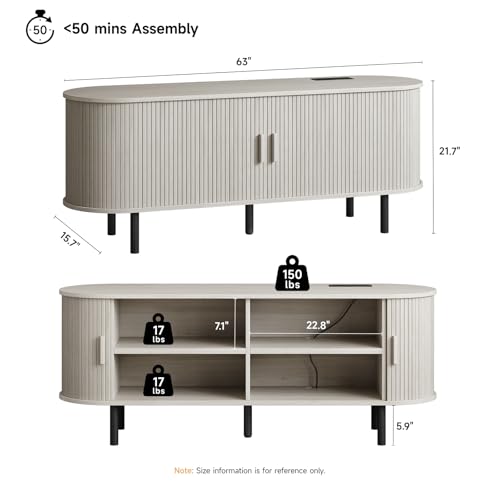 Image of ONBRILL 63 inch TV Stand with Power Outlet for TVs up to 70 Inch, Entertainment Center with Storage and Adjustable Shelves, Modern Media Console with Sliding Doors for Living Room, Natural White