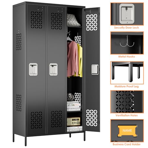 Image of Aobabo Upgrade Metal Storage Locker for Employees, 3 Doors Steel Storage Locker with Air Hole for Office Gym School, Industrial Storage with Hooks, Black, Assembly Required