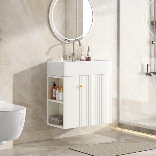 BXEYXE Mueble bajo lavabo colgante de 55 cm en color blanco con lavabo, moderno mueble de baño perfecto para baño de invitados y espacios pequeños