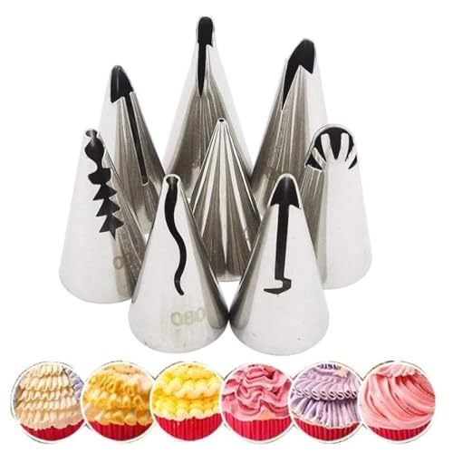 Juego de 7 boquillas for repostería de acero inoxidable for decorar cupcakes, pasteles y galletas con faldas plisadas. Boquillas para manga pastelera
