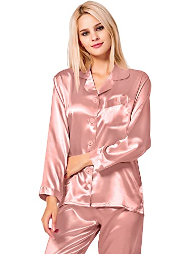 Image of SWOMOG Long Sleeve Pajamas Set Silk Satin Sleepwear Button Down Pjs Loungewear with Pocket