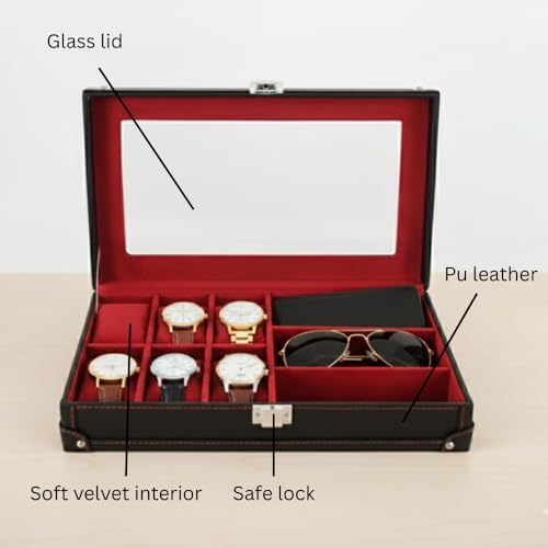 Image of BOXXO 12 Slot Watch Organizer Box for Men & Women - Premium PU Leather Watch Case (9-slots Black /Red)