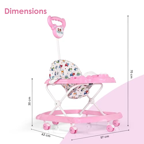 Image of BabyGo Tintin Baby Walker for 6-24 Months, Baby Walker with Push Handle & Activity Tray - Foldable Adjustable Height Infant Walker with Wheels, Music,Toy Bar and Comfotable Seat (Pink)