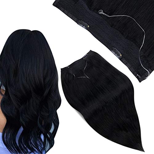 Hetto Black Halo Hair Extensions Real Human Hair 14 Inch Hidden Crown Hair Extensions with Fish Line 50g Invisible Wire Hair Extensions