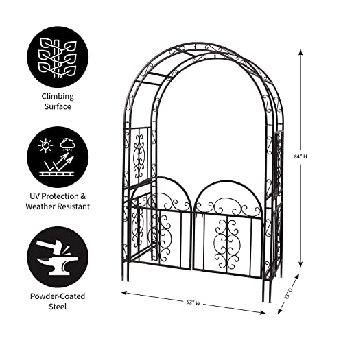 Plow & Hearth Arch Metal Outdoor Garden Arbor With Double Gate | Montebello | 84-In (H) X 53-In (W) X 23-In (D) | Black | Iron Trellis Lattice For Climbing Plants | Wedding | Outdoor Patio Décor #TOP3