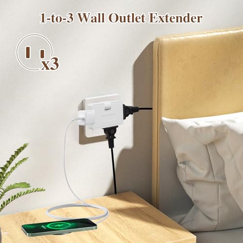 3 Way Flat Wall Outlet Extender Adapter- 2 Pack 180 Degrees Rotatable Flat Plug AC Adapter, 2 Prong Foldable Swivel Outlet Extender, Outlet Splitter for Behind Furniture (White, Type A)