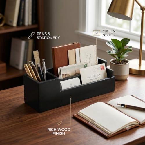 Image of Wooden Desk Organiser with Pen Holder, Mobile & Tablet Stand, Card Holder - Multi-Compartment Office Desk Organizer for Study Table, Bedside Table & Living Room |Black Finish