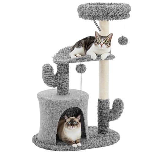 Image of Sweetcrispy 33 inch Cat Tree Tower for Indoor Cats, Small Cat Scratching Post with Curved Bed, Cat Tree with Cat Condo for Adult, Grey