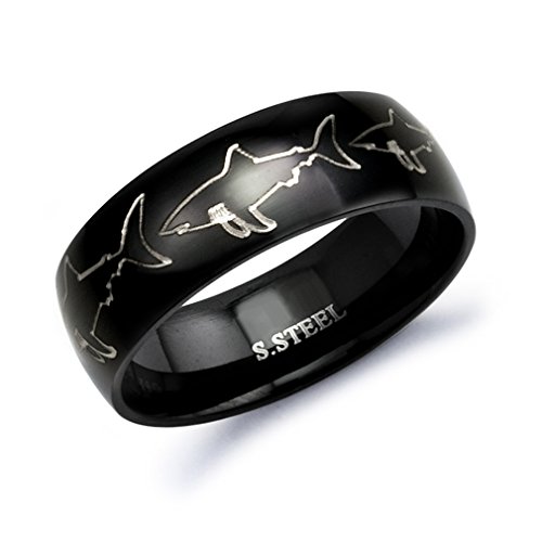 Kriskate & Co. 8mm Black Plated Stainless Steel Ring with Engraved Great White Shark Design Sizes 5 to 15 (11)