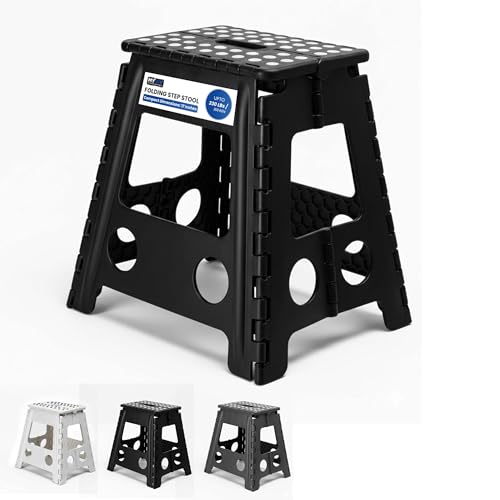 MY DIY Folding Step Stool 17 Inch (45cm) Lightweight Heavy Duty Strong Plastic Stool For Kids & Adults With Easy Carry Handle 150KG Weight Capacity Portable Footstool (Black)