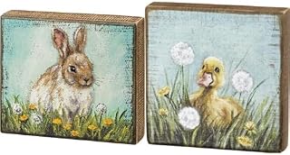 Primitives by Kathy 8" x 7" x 1.75" Bunny Box Sign and Baby Duckling with Dandelion Wishes Block Sign Bundle