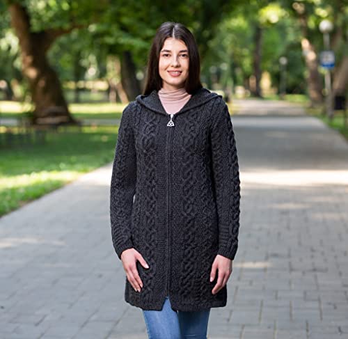 Saol 100% Merino Wool Aran Irish Cardigan For Women With Pockets, Hood And Celtic Zipper (Charcoal, Xx-Large) #TOP3